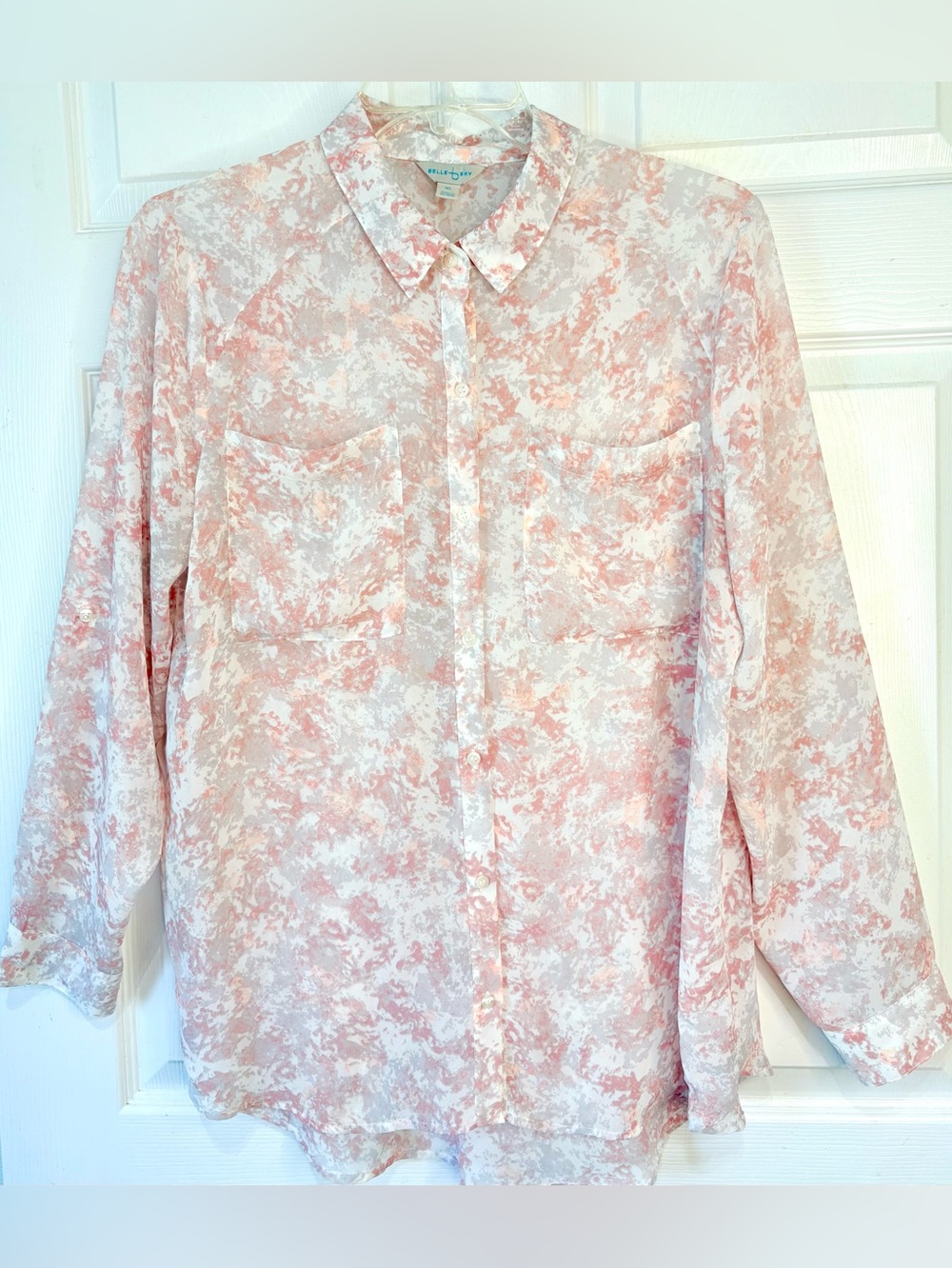Belle + Sky Pink and Gray Chiffon Button Down Tab Sleeve Blouse XL